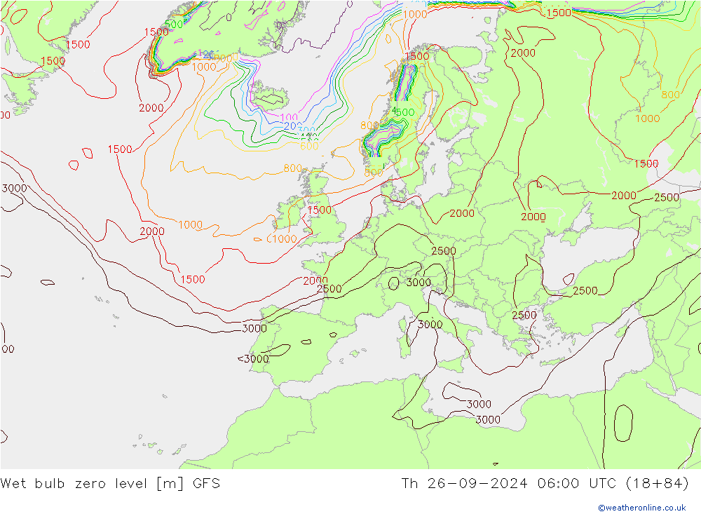 Wet bulb zero level GFS Th 26.09.2024 06 UTC