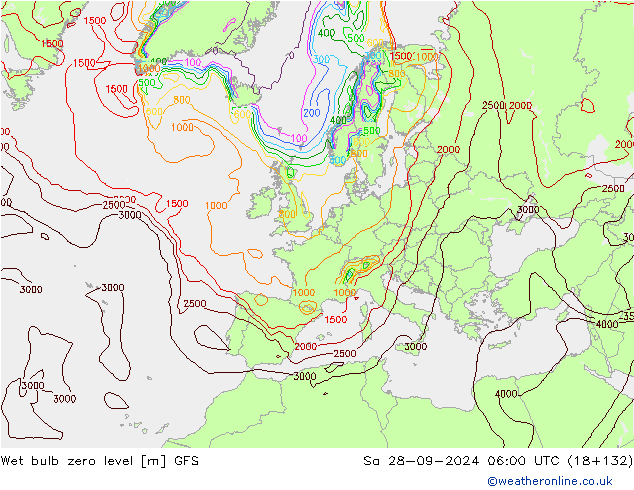 Wet bulb zero level GFS  28.09.2024 06 UTC