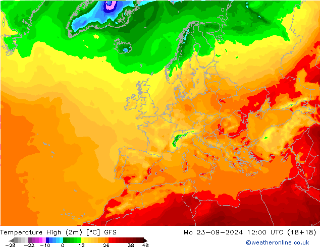 temperatura máx. (2m) GFS Seg 23.09.2024 12 UTC