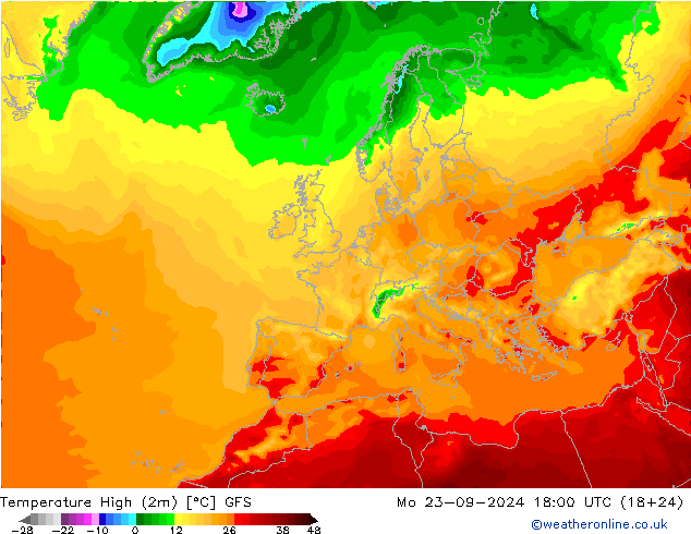 Nejvyšší teplota (2m) GFS Po 23.09.2024 18 UTC