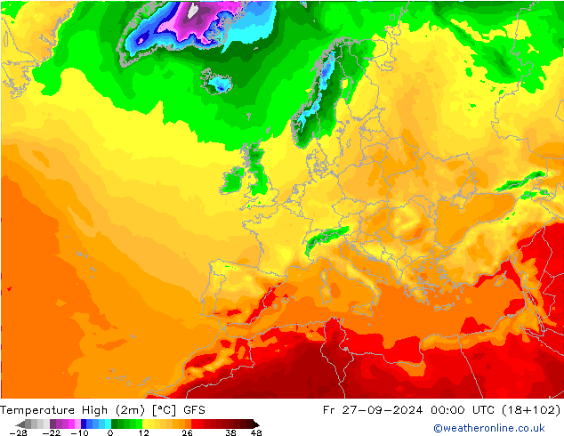 temperatura máx. (2m) GFS Sex 27.09.2024 00 UTC