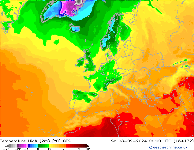 Temperature High (2m) GFS Sa 28.09.2024 06 UTC