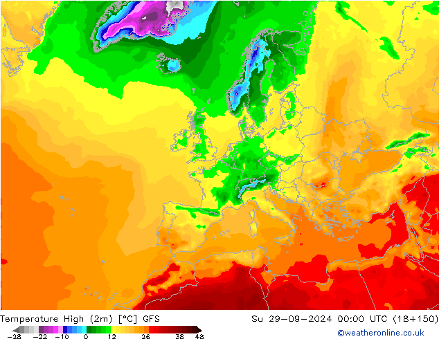 Max. Temperatura (2m) GFS nie. 29.09.2024 00 UTC