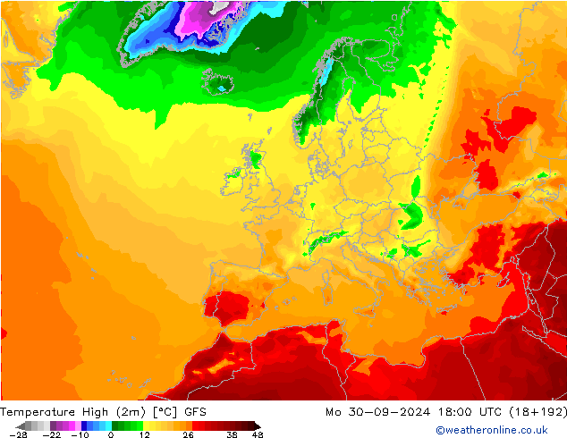 Nejvyšší teplota (2m) GFS Po 30.09.2024 18 UTC