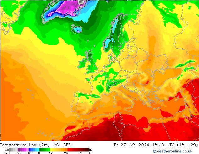 Nejnižší teplota (2m) GFS Pá 27.09.2024 18 UTC