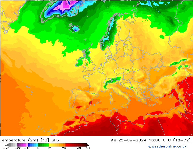 Temperaturkarte (2m) GFS Mi 25.09.2024 18 UTC