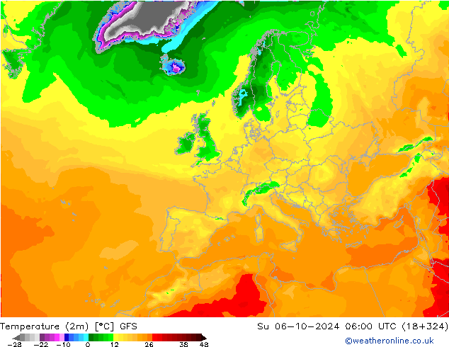 Temperatuurkaart (2m) GFS zo 06.10.2024 06 UTC