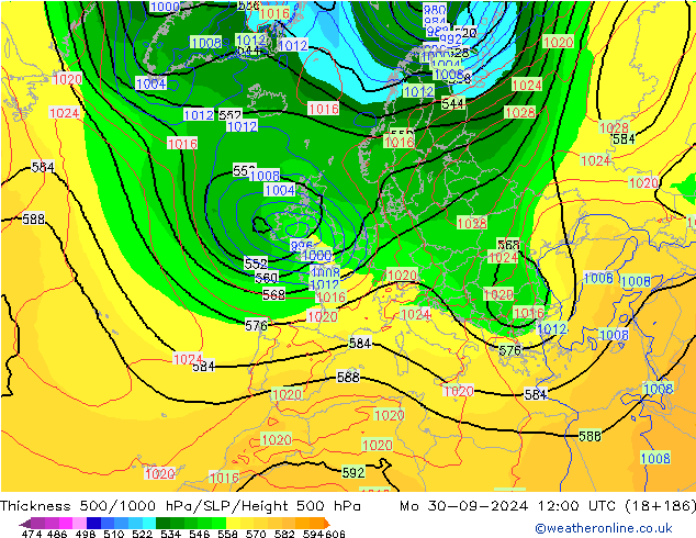 Thck 500-1000гПа GFS пн 30.09.2024 12 UTC