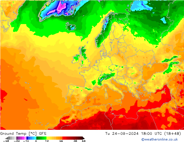 Ground Temp GFS Tu 24.09.2024 18 UTC