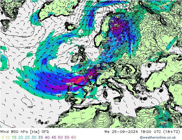 Wind 850 hPa GFS Mi 25.09.2024 18 UTC