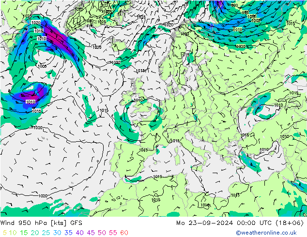 Rüzgar 950 hPa GFS Pzt 23.09.2024 00 UTC