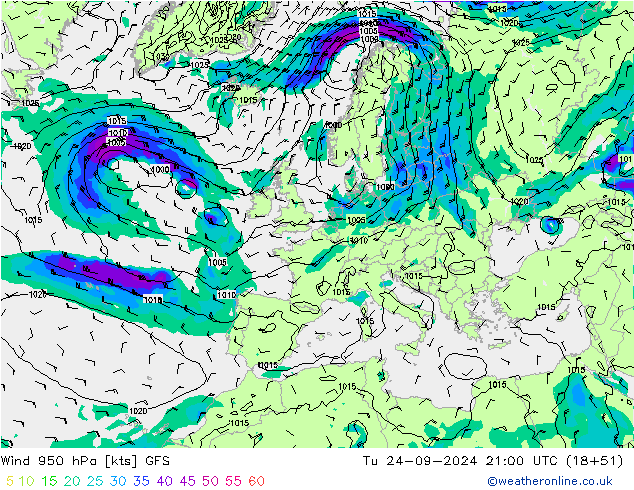 Viento 950 hPa GFS mar 24.09.2024 21 UTC