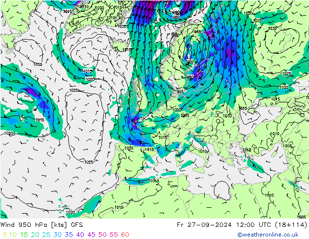 Wind 950 hPa GFS Pá 27.09.2024 12 UTC