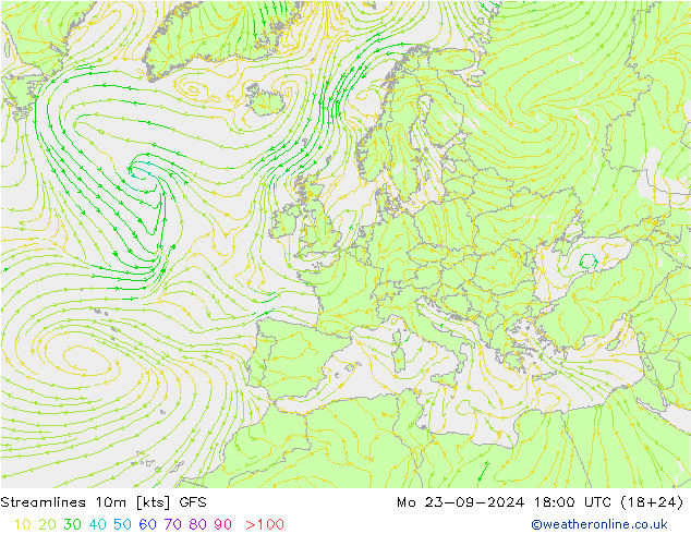 Línea de corriente 10m GFS lun 23.09.2024 18 UTC