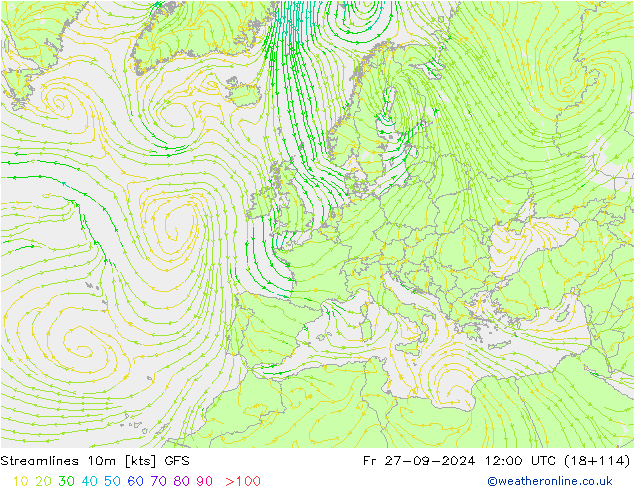 Linea di flusso 10m GFS ven 27.09.2024 12 UTC