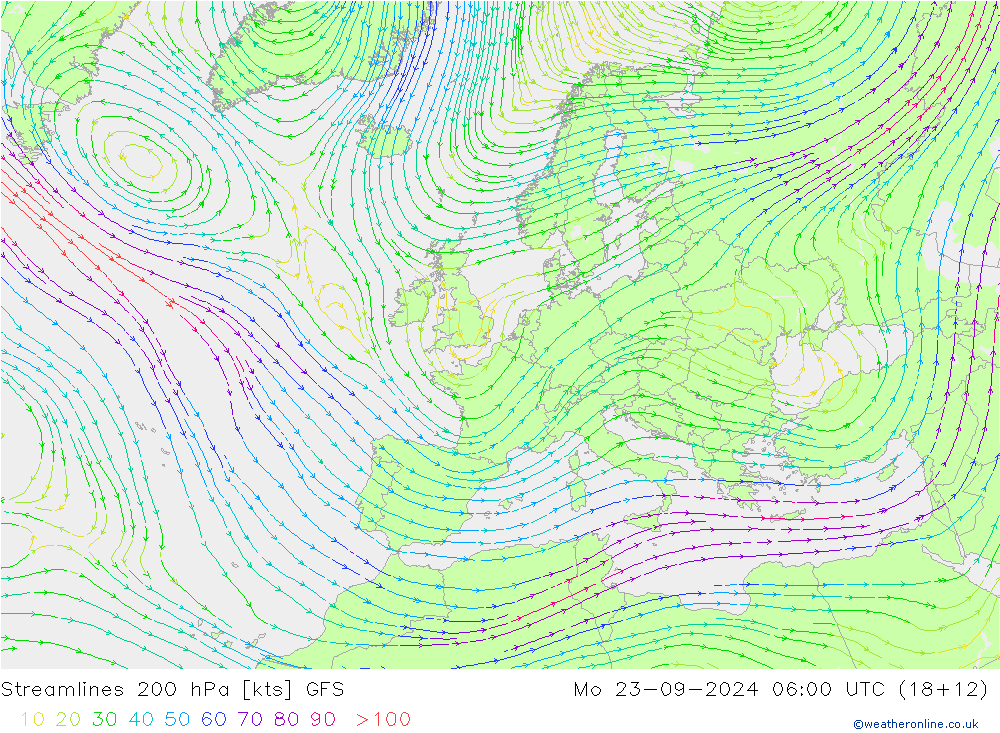 Stromlinien 200 hPa GFS Mo 23.09.2024 06 UTC