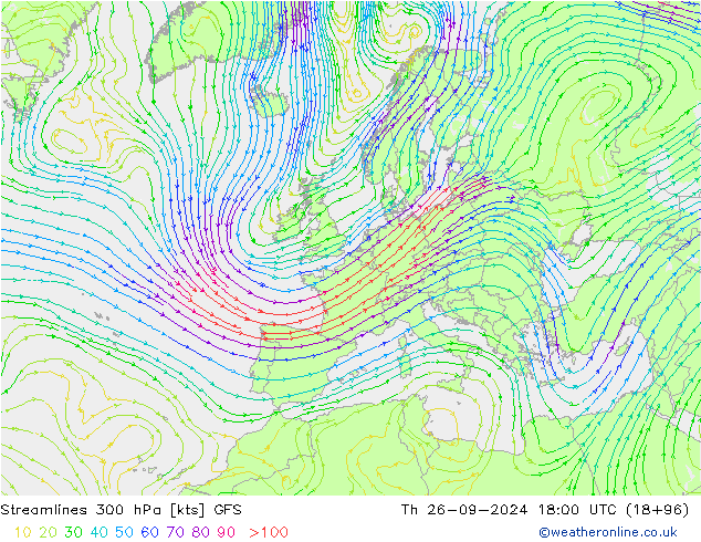 Streamlines 300 hPa GFS Čt 26.09.2024 18 UTC