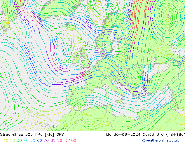 Stromlinien 300 hPa GFS Mo 30.09.2024 06 UTC