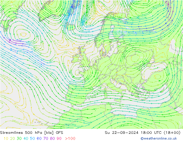 Streamlines 500 hPa GFS Su 22.09.2024 18 UTC