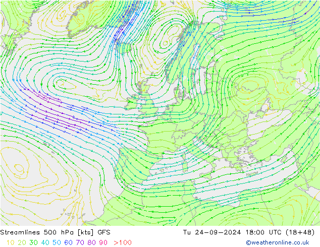 Streamlines 500 hPa GFS Tu 24.09.2024 18 UTC