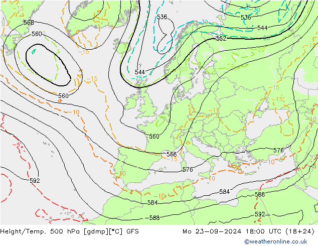 Z500/Rain (+SLP)/Z850 GFS 星期一 23.09.2024 18 UTC