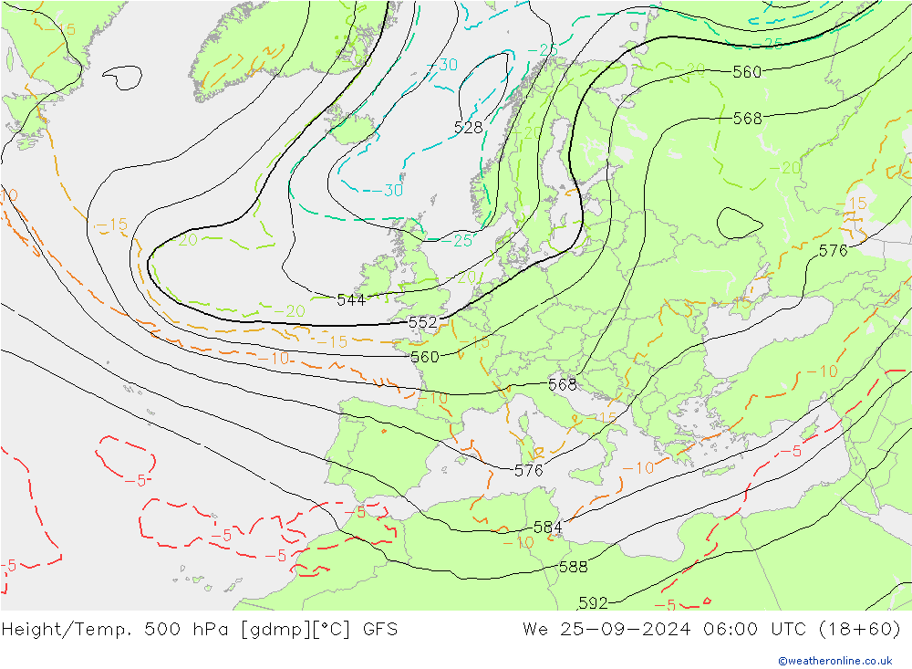 Z500/Rain (+SLP)/Z850 GFS mer 25.09.2024 06 UTC