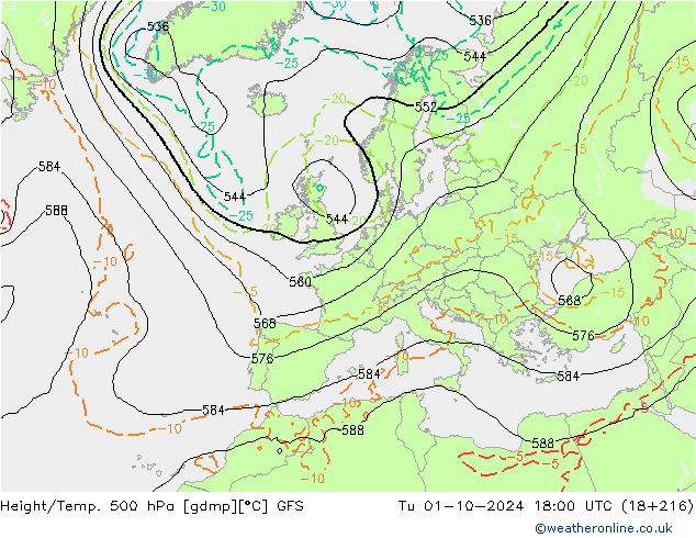 Z500/Rain (+SLP)/Z850 GFS  01.10.2024 18 UTC