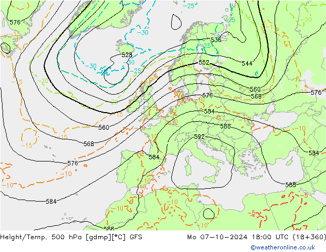 Hoogte/Temp. 500 hPa GFS ma 07.10.2024 18 UTC