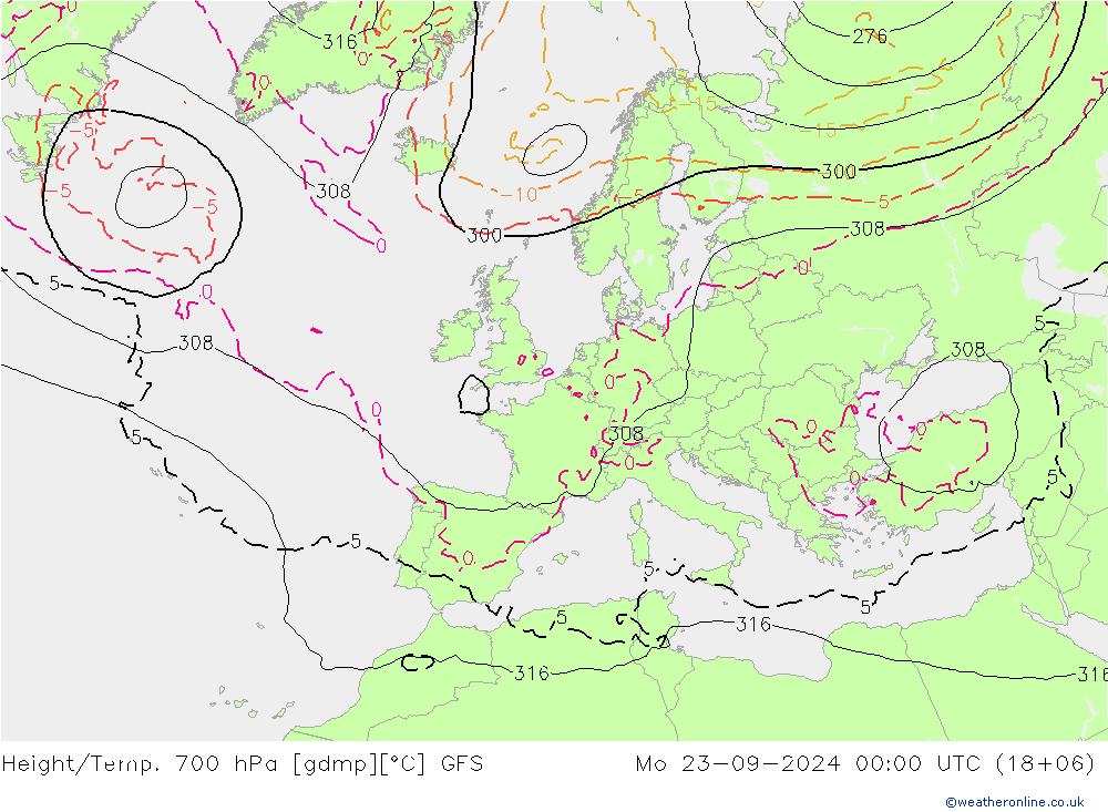 Height/Temp. 700 hPa GFS pon. 23.09.2024 00 UTC