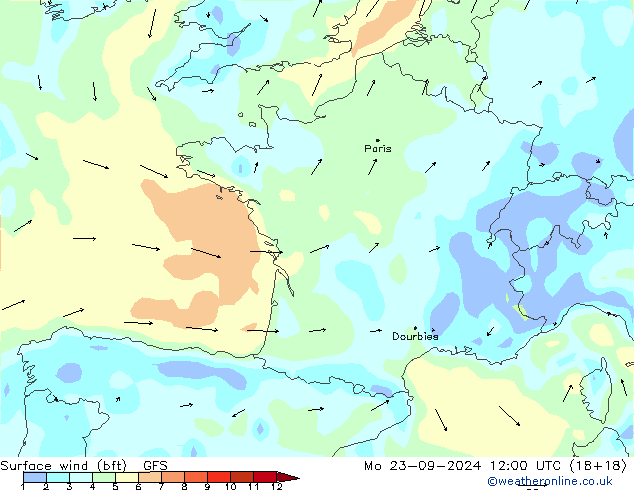 Viento 10 m (bft) GFS lun 23.09.2024 12 UTC