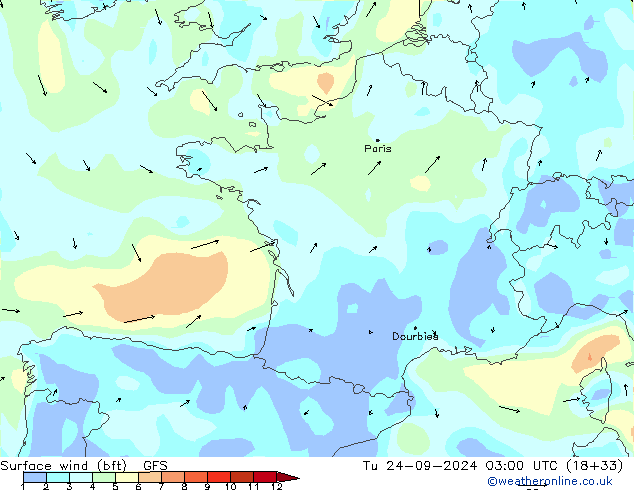 Surface wind (bft) GFS Tu 24.09.2024 03 UTC