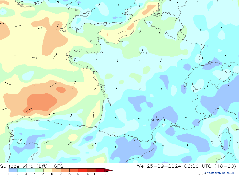 Surface wind (bft) GFS We 25.09.2024 06 UTC