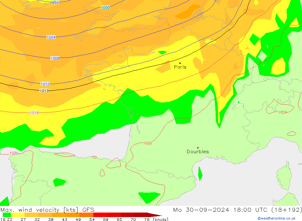 Max. wind velocity GFS Mo 30.09.2024 18 UTC