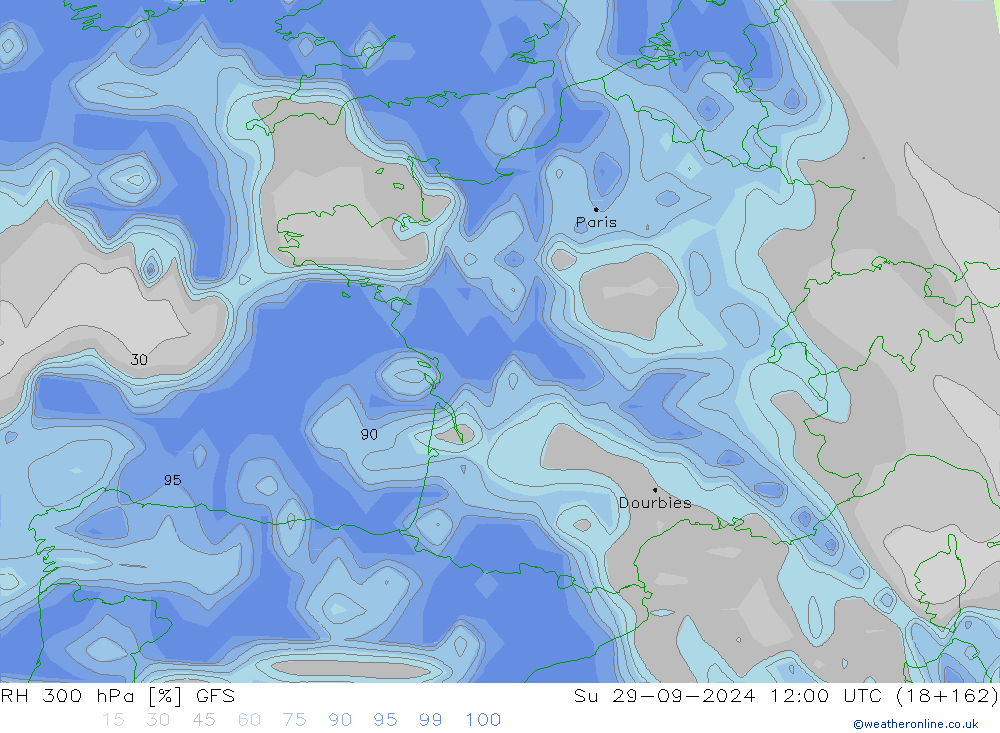 RH 300 hPa GFS Su 29.09.2024 12 UTC