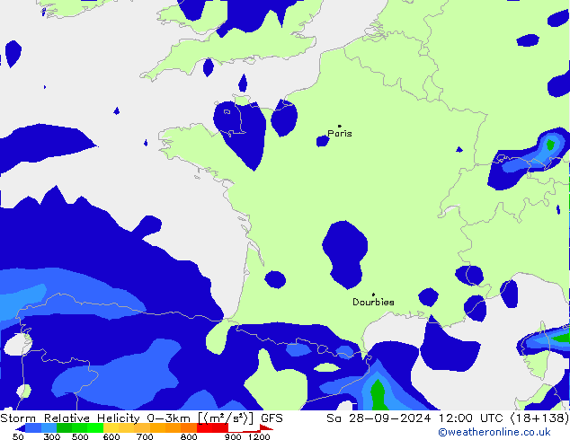 Storm Relative Helicity GFS sáb 28.09.2024 12 UTC