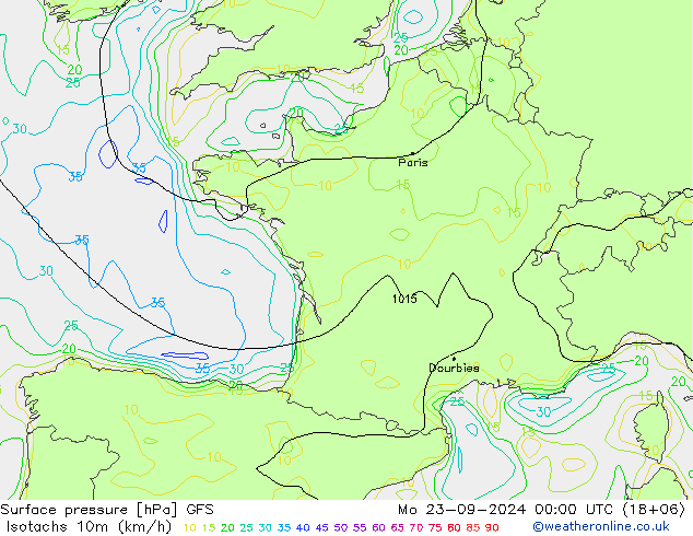 Isotachs (kph) GFS Po 23.09.2024 00 UTC