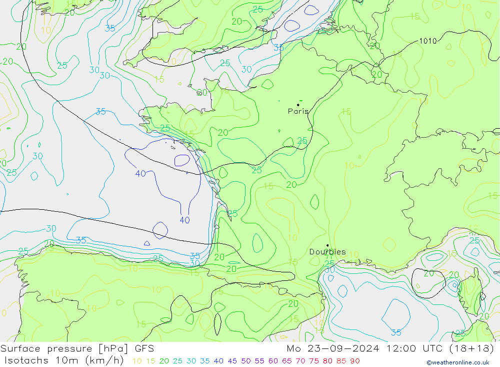 Isotaca (kph) GFS lun 23.09.2024 12 UTC