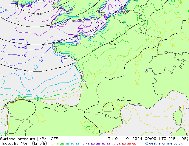 Isotachs (kph) GFS Út 01.10.2024 00 UTC