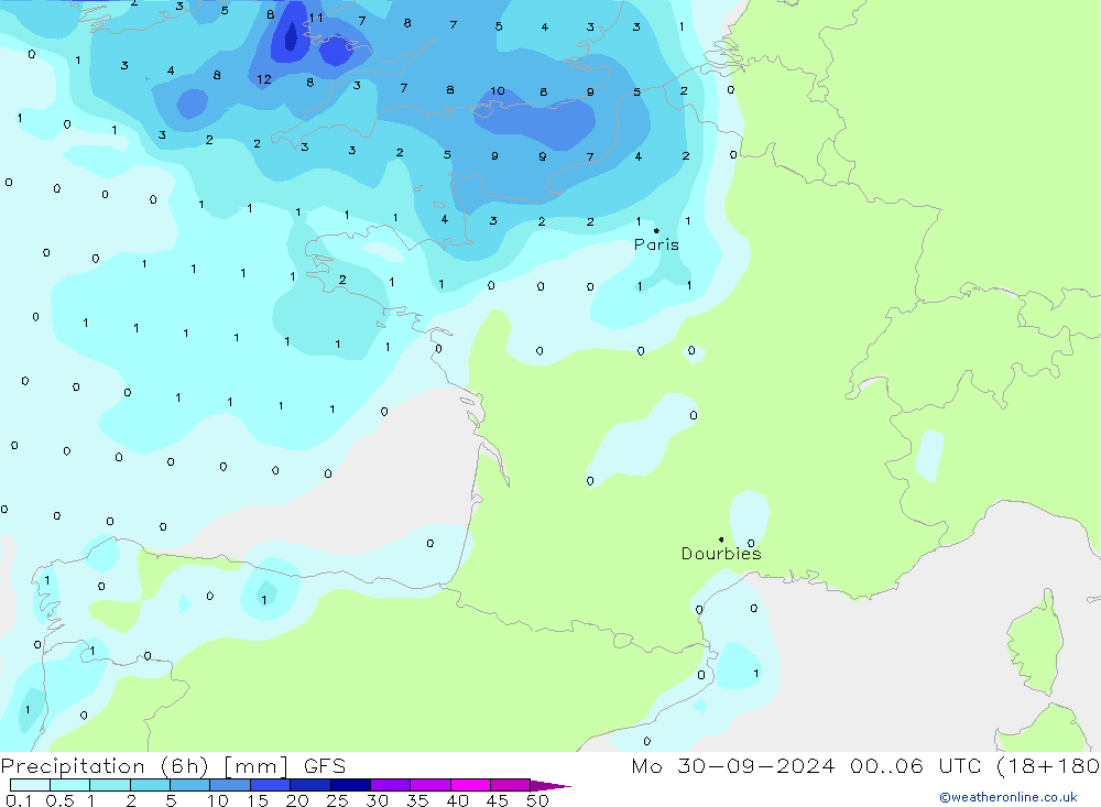 Prec 6h/Wind 10m/950 GFS Mo 30.09.2024 06 UTC