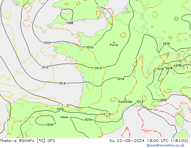 Theta-e 850hPa GFS Su 22.09.2024 18 UTC