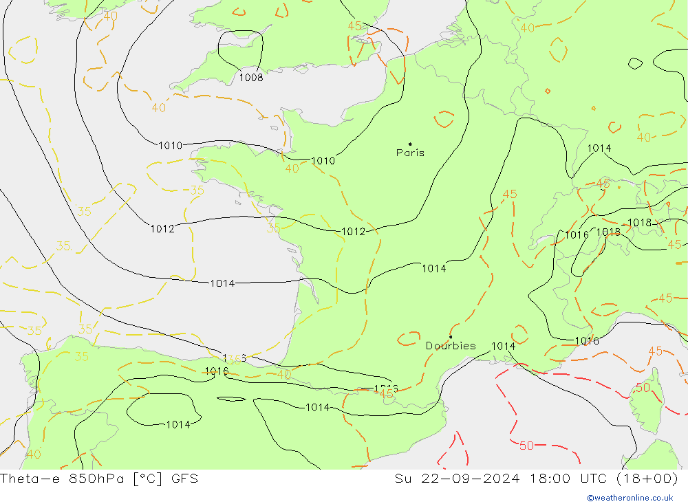 Theta-e 850hPa GFS Su 22.09.2024 18 UTC