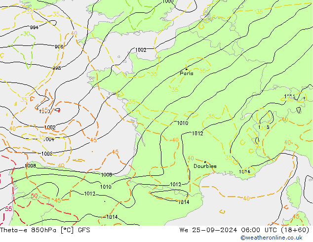 Theta-e 850hPa GFS We 25.09.2024 06 UTC