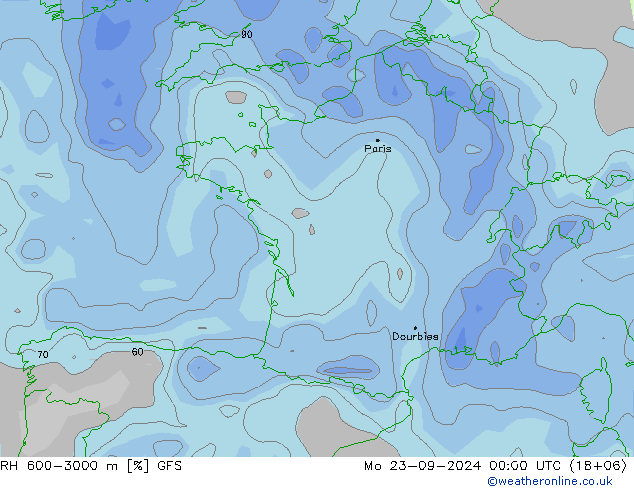 RH 600-3000 m GFS Mo 23.09.2024 00 UTC