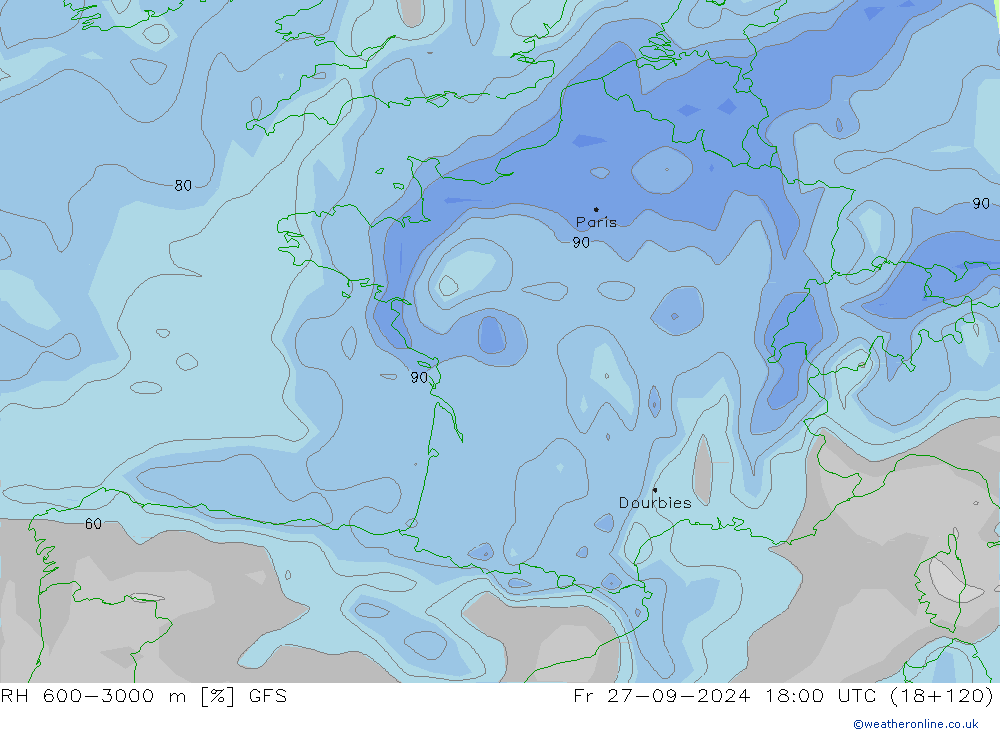 RH 600-3000 m GFS Pá 27.09.2024 18 UTC