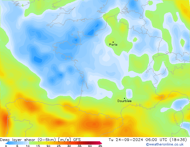 Deep layer shear (0-6km) GFS Ter 24.09.2024 06 UTC