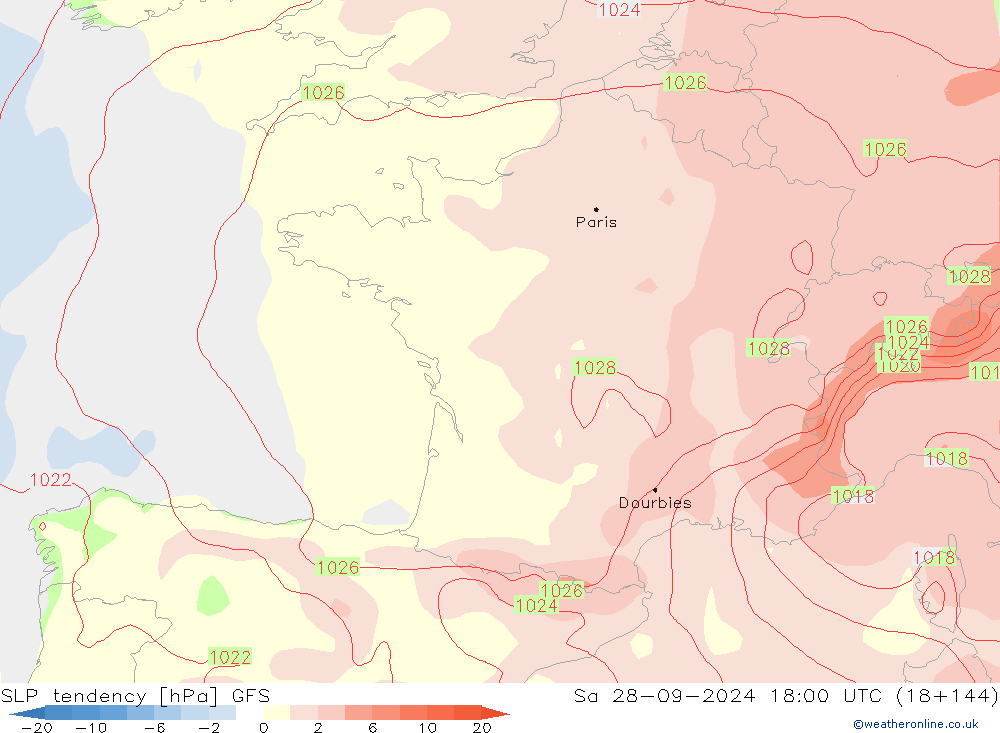 SLP tendency GFS Sa 28.09.2024 18 UTC