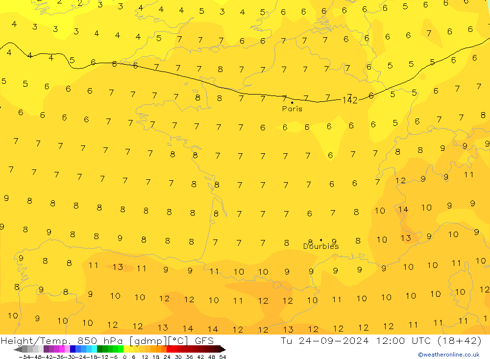 Height/Temp. 850 hPa GFS mar 24.09.2024 12 UTC