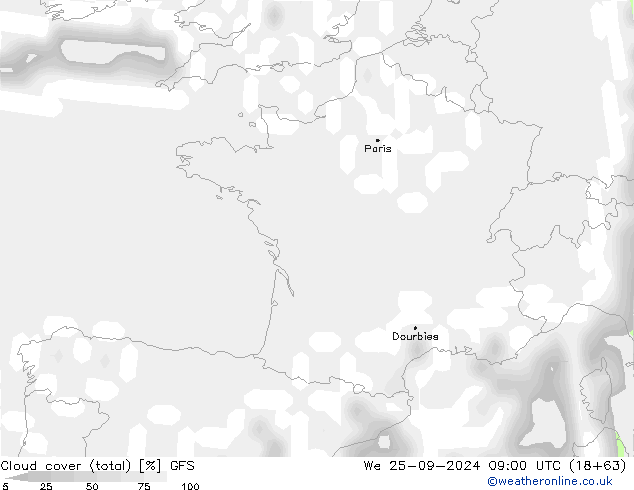 Nuages (total) GFS mer 25.09.2024 09 UTC