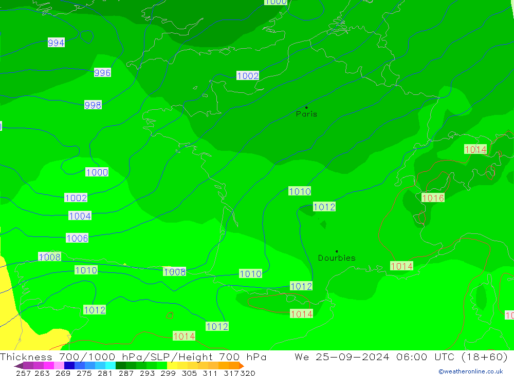 Thck 700-1000 hPa GFS mer 25.09.2024 06 UTC