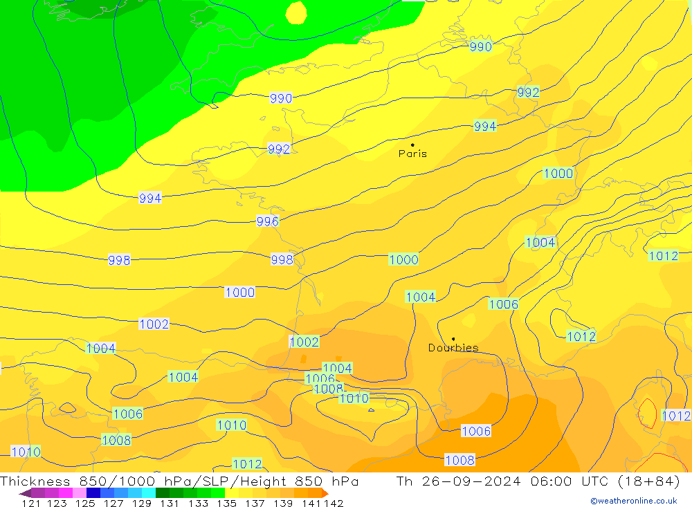 850-1000 hPa Kalınlığı GFS Per 26.09.2024 06 UTC